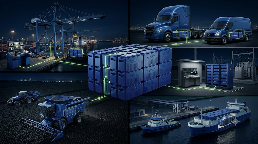 Amprex battery systems powering ports, fleets, industrial equipment, and marine applications